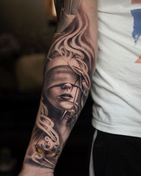 Armour Tattoo, Justice Tattoo, Skull Hand Tattoo, Realistic Tattoo Sleeve, Forearm Tattoo Design, Lady Justice, Geniale Tattoos, Full Body Tattoo, Greek Tattoos