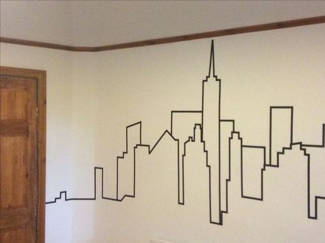 NYC skyline using washi tape.                                                                                                                                                                                 More Washi Tape Wall Art, Washi Tape Wall, Tape Wall Art, Diy Wall Decor For Bedroom, Wall Murals Diy, Tape Wall, Washi Tape Diy, Tape Art, Wall Bedroom