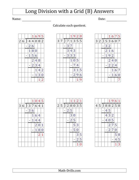 The 5-Digit by 2-Digit Long Division with Remainders with Grid Assistance and Prompts (B) math worksheet page 2 Long Division With Remainders, 6th Grade Spelling Words, Division With Remainders, Grade 5 Math Worksheets, Math Division Worksheets, Grade 5 Math, Long Division Worksheets, Maths Worksheet, Math Coloring Worksheets