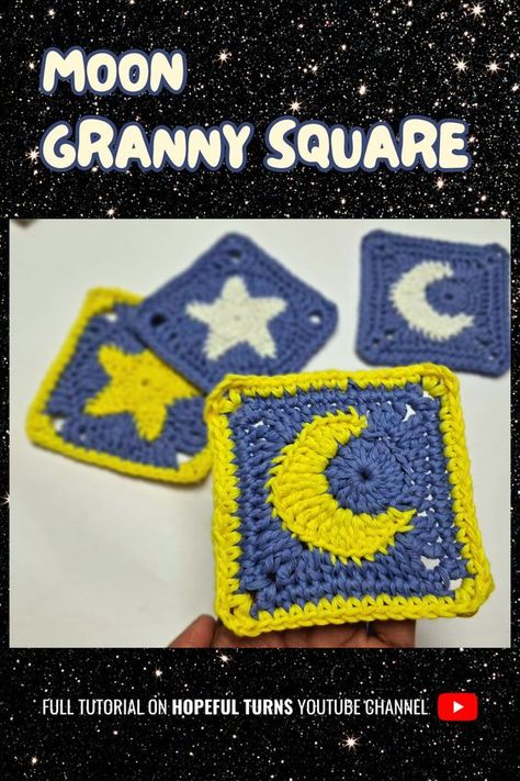 Crochet Moon Blanket Pattern Free, Moon Cardigan Crochet, Free Moon Granny Square Pattern, Moon Granny Square Crochet Pattern Free, Moon Granny Square Tutorial, Witchy Granny Square Pattern, Crochet Moon Sweater, Crescent Moon Granny Square Free Pattern, Moon Crochet Square