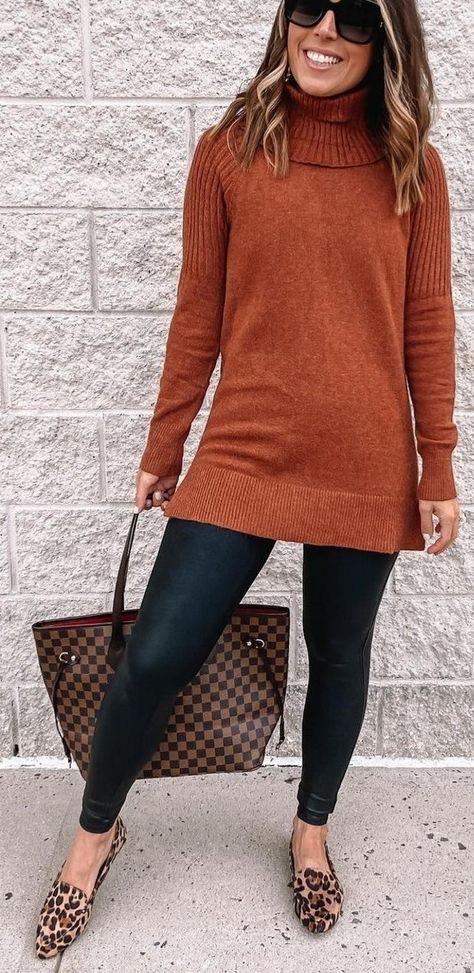 Orange Sweater Work Outfit, Rust Orange Sweater Outfit, Rust Leggings Outfit, Brown Sweater Outfit Fall, Rust Sweater Outfit, Tunic Sweater Outfits, Orange Sweater Outfit, Leopard Shoes Outfit, Turtleneck Sweater Outfit