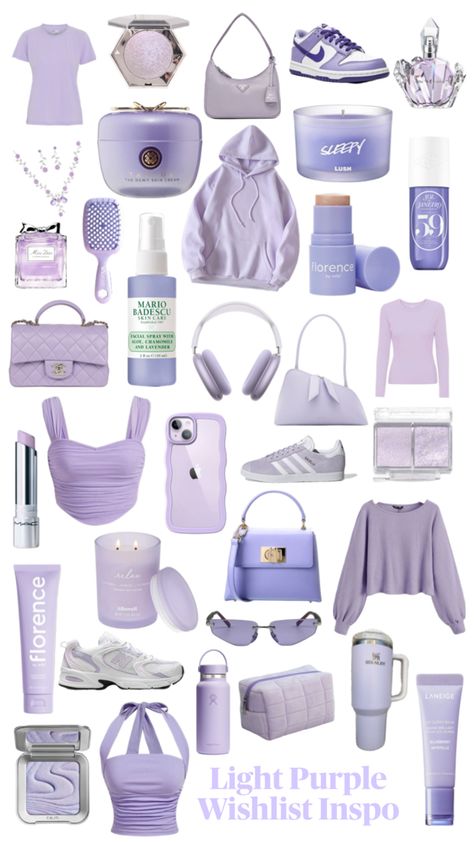 #lilac #lavender #purple #lightpurple #accessories #wishlist #inspo #clothes #waterbottle #perfume #jewelry #candles #shoes #bags #purses #makeup #products #skincare #headphones #brushes Light Purple Aesthetic Clothes, Purple Aesthetic Things, Purple Wishlist, Purple Lifestyle, Teen Christmas Wishlist, Cute Easy Outfits, Purple Gift Ideas, Purple Gifts, 2025 Board