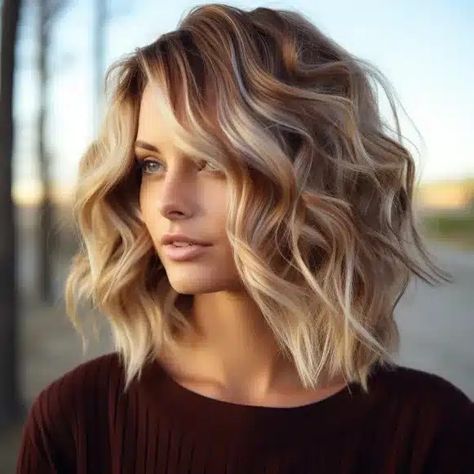 Shoulder Length Hair For Middle Aged Women, Cute Medium Layered Haircuts, Medium Shag Lob Haircut, Hair Idea For Blondes, Millenial Haircut Women, Blonde Hair In 40s, Lobs With Layers, Medium Length Haircut With Blonde Highlights, Shag Hairstyles Medium Blonde