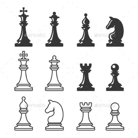 Black and White Chess Game Figures #White, #Black, #Chess, #Figures Chess Figures Design, Chess Pieces Drawing, Chess Drawing, Chess Illustration, Chess Piece Tattoo, Chess Tattoo, King Chess Piece, Chess Figures, Knight Chess