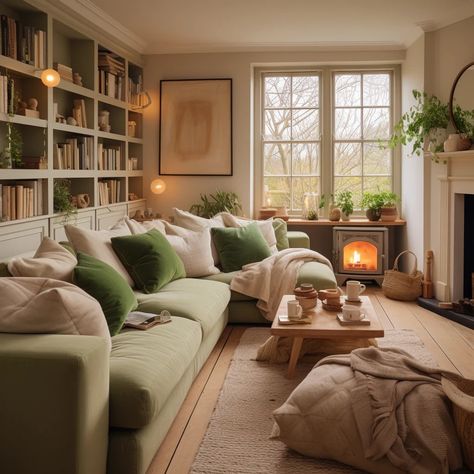 Modern Cottage Sitting Room, Contemporary Cottage Living Room, Living Room Beige Couch Color Schemes, Cottage Living Room Green Sofa, Comfy Green Living Room, Sage Green Accent Living Room, Light Filled Living Room, Green Cottage Core Living Room, Cottage Core Lounge