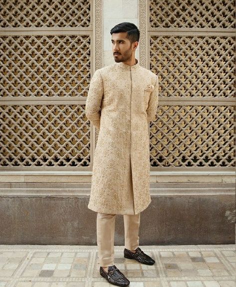 Sherwani For Men Wedding Pakistani, Faiza Saqlain, Sherwani For Men Wedding, Wedding Outfits For Groom, Indian Groom Wear, Sherwani For Men, Mens Kurta Designs, Beige Wedding, Wedding Outfit Men