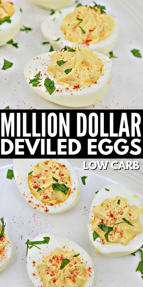 Low-Carb Million Dollar Deviled Eggs    #lowcarbmilliondollardeviledeggs #milliondollardeviledegs Keto Deviled Eggs Low Carb, Million Dollar Deviled Eggs, Pickled Deviled Eggs, Healthy Deviled Eggs, Keto Deviled Eggs, Devilled Eggs Recipe Best, Devilled Eggs, Keto Fast Food, Best Deviled Eggs