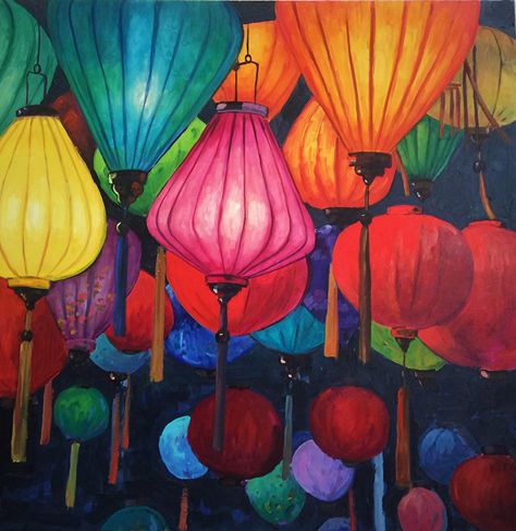 Tet Lanterns Vietnam by Michael Orwick Oil ~ 40 x 40 Lantern Art Drawing, Cinema Bedroom, Floating Lantern Painting, Lanterns Drawing, Chinese Lanterns Painting, Lantern Festival Artwork, Vietnam Art Painting, Vietnamese Paintings Artworks, Old Lanterns Painting