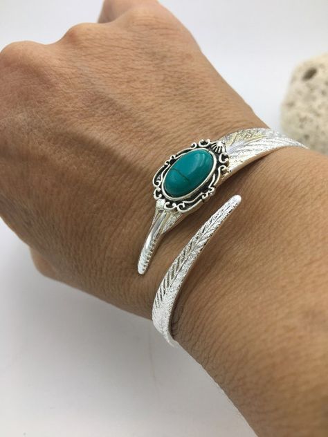 Silver Turquoise Jewelry Cuff Bracelets, Adjustable Turquoise Cuff Bracelet With Polished Finish, Adjustable Turquoise Modern Cuff Bracelet, Mens Silver Cuff Bracelet, Silver Spoon Bracelet, Fork Jewelry, Unique Turquoise Nickel-free Cuff Bracelet, Spoon Bracelet, Bohemian Turquoise Nickel-free Cuff Bracelet