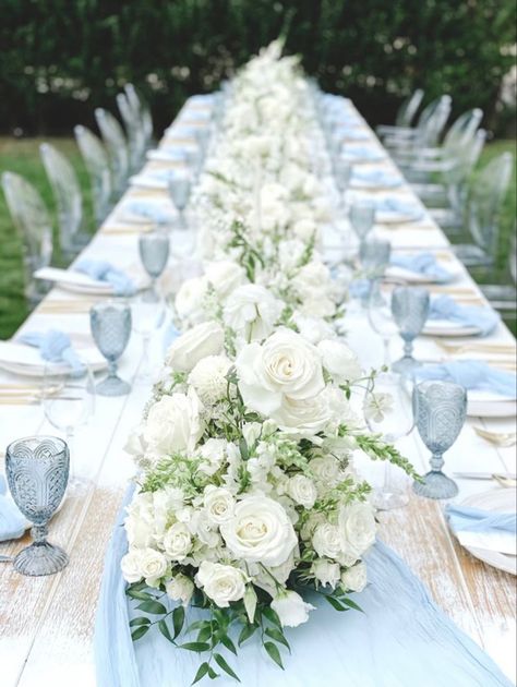 Blue Bridal Brunch, Shavuot Tablescape, Pale Blue And White Wedding, French Blue Wedding Table Setting, Powder Blue And White Wedding, Round Table Centerpieces Wedding Elegant, Blue Table Scape, Blue And White Bridal Shower Ideas, Light Blue Wedding Theme