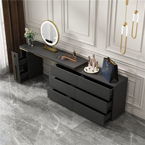 Dresser And Makeup Vanity Combo, Mirror Drawers Bedrooms, Large Study Table, Contemporary Dressing Table Design, Dressing Table Ideas With Storage, Bedroom Working Table, Make Up Desk Design, Modern Desk Bedroom, Vanity Ideas Bedroom Black