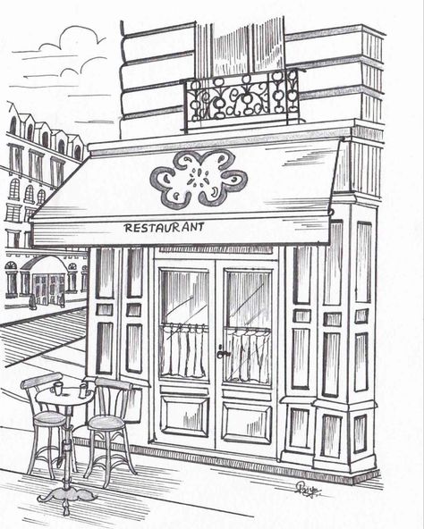 Restaurant Coloring Pages, Restaurant Drawing Sketch, Restaurant Sketch, Perspective Sketches, Restaurant Drawing, Design Brief Template, Italy Sketches, Restaurant Exterior Design, Japanese Restaurant Design