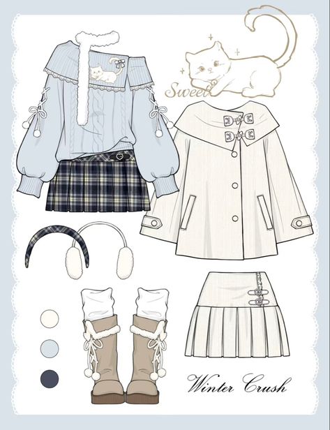 Christmas Clothing Drawing, Comfy Anime Outfits, Winter Clothes Drawing Reference, Sweater Vest Drawing, Winter Dress Drawing, Doll Drawing Reference, Winter Outfits Anime, Winter Outfit Drawing, Winter Outfits Drawing