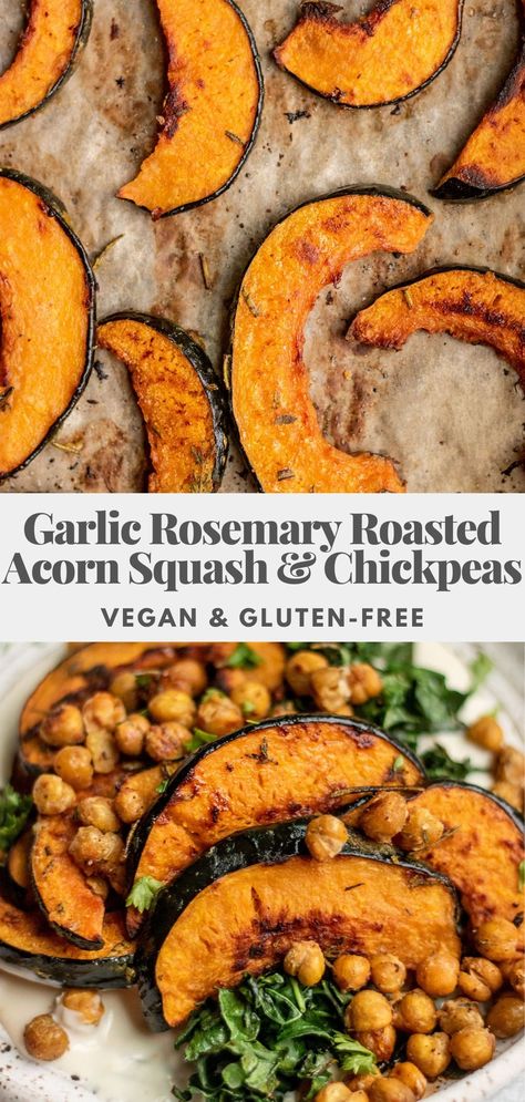 This tray of Garlic Rosemary Roasted Acorn Squash and Chickpeas is an easy vegan sheet pan dinner that cooks in 35 minutes. A full meal loaded with fall flavors and will make you feel satisfied with every bite. Acorn Squash And Brussel Sprouts, Healthy Acorn Squash Recipes, Vegan Acorn Squash Recipes, Chickpea Plant, Vegan Sheet Pan, Healthy Vegan Dinner Recipes, Nourish Bowl, Roasted Acorn Squash, Acorn Squash Recipes