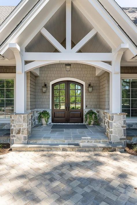 Homes With Drive Through Portico, Large Gable Front Porch, Modern Home House Plans, Front Entryway Exterior, Vaulted Front Porch Entry, Decorative Gables On House, Modern Farmhouse Exterior Entry, Wide Porch Ideas, Taupe Farmhouse Exterior