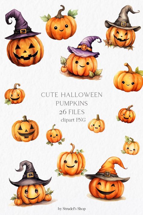 Cute Halloween Pumpkins, Pumpkins Watercolor, Cute Pumpkin Faces, Frames Design Graphic, Lantern Tattoo, Pumpkin Tattoo, Jack O Lantern Faces, Halloween Lanterns, Pumpkin Clipart