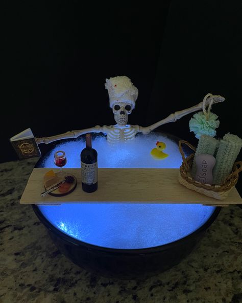 Bath time #spaday #bathtime #skeletons #skeletonart #skelly #skeletonbath Skeleton Spa Day, Skeleton Taking A Bath, Skeleton Bath Candle, Skeleton Bathtub, Skeleton In Bathtub, Halloween Parade Float, Goddess Symbols, Halloween Parade, Halloween Decorations Diy Outdoor