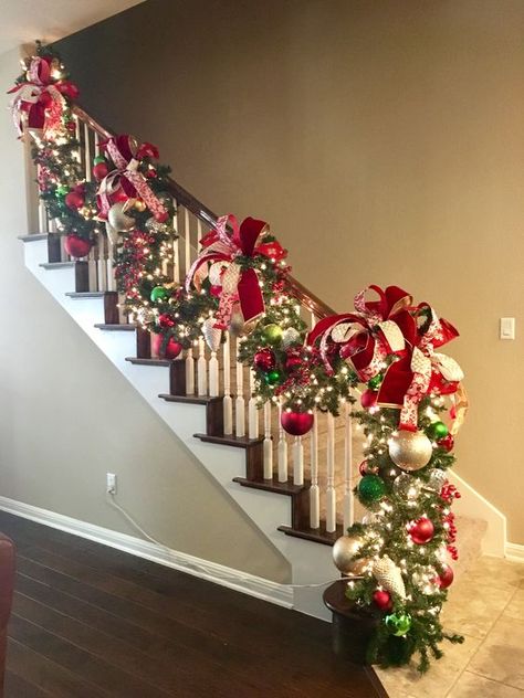 50+ Christmas Apartment Decor Ideas that takes the Definition of Elegance to a Whole New level - Hike n Dip Decorated Kitchen Cabinets, Christmas Garland Staircase, Christmas Banister, Christmas Stairs Decorations, Christmas Staircase Decor, Christmas Stairs, Christmas Staircase, Red Christmas Decor, Natural Christmas Decor