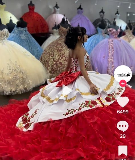 Mexican Dresses For Quinceanera, Red Charro Dress, Red And White Quinceanera Dresses, Red Quince Dress, Quince Colors, Red Quinceanera Ideas, Quinceanera Stuff, Vestido Charro, Charro Quince