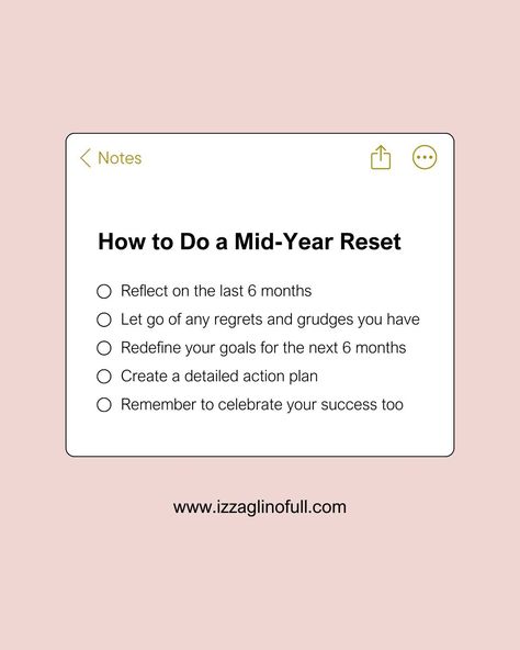 As we reach the middle of the year, it's common to feel a sense of overwhelm or discouragement if our goals appear to be out of reach. However, it's important to stay positive! A mid-year reset can serve as a valuable strategy to have a fresh start for your goals and positioning ourselves for success in the latter half of the year. Here's how you can do it. For more life tips and articles, visit https://www.izzaglinofull.com/ or LINK IN BIO #midyearreset #personaldevelopment #tips #mond... Mid Year Reset, Year Reset, Process Flow, More Life, Alone Time, A Fresh Start, Action Plan, Stay Positive, Life Tips