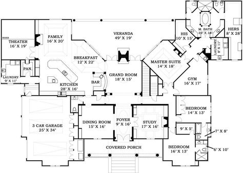 First Floor Plan- 5000 sq ft. Would like to eliminate the family room. Like the master suite! Make a few changes! First Floor Plan, Floor Plans Ranch, European House Plan, Craftsman Style Home, European House, Farmhouse House, Perfect House, Ranch House Plans, Modern Loft