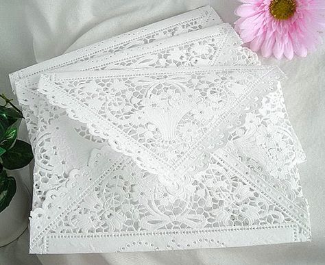 Doily Lace Envelopes Liners Vintage Inspired. by AllThingsAngelas, $84.99 Lace Envelopes, Doilies Diy, Unique Envelopes, Stars Wedding Invitations, Crocheted Doilies, Rustic Vintage Wedding, Card Table Wedding, Wedding Card Holder, Handmade Envelopes