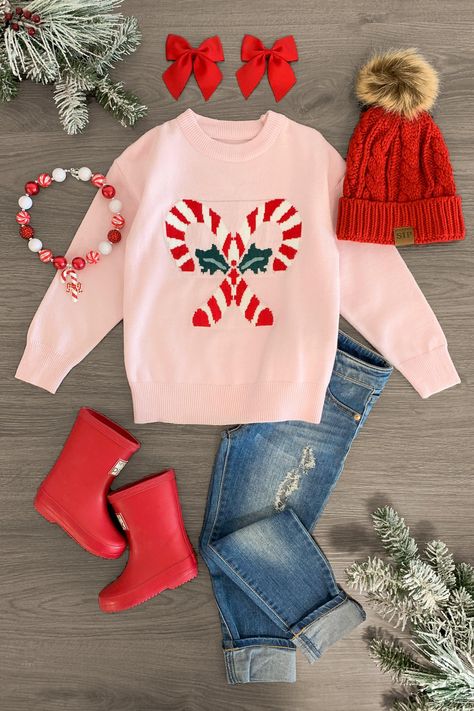 Light Pink Candy Cane Sweater - Sparkle in Pink Candy Cane Outfit Kids, Pink Christmas Outfit, Candy Cane Sweater, Disney Christmas Outfits, Pink Candy Cane, Sparkle In Pink, Sweater Skirt Set, Trendy Christmas Outfits, Girls Christmas Outfits