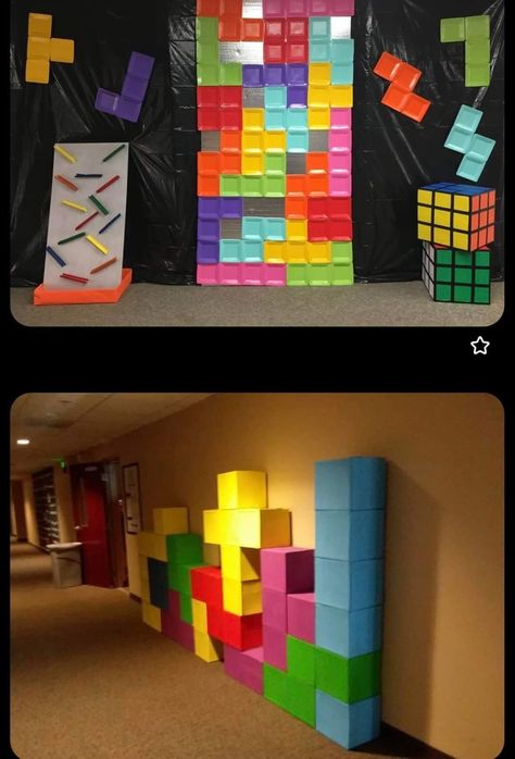 Tetris Themed Party, Tetris Door Decoration, Tetris Classroom Door, Tetris Decor, Video Game Vbs Decorations, Chutes And Ladders Decorations, Twists & Turns Vbs Decorations, Tetris Decorations, Vbs Game Theme