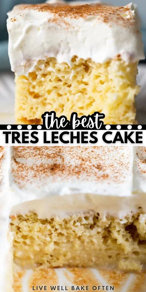 This is the BEST tres leches cake you’ll ever make! It’s 100% homemade and features a sponge cake base, a three-milk filling, and a sweetened whipped cream topping. Tres leches cake translates to “three milk cake.” It got its name because of the way it’s made. A sponge cake is baked, and then poked all over with a fork before a mixture of three types of milk is poured over top. It's easy and delicious! Best Tres Leches Cake, Dessert Favorites, Three Milk Cake, Speciality Cakes, Leche Cake, Tres Leches Cake Recipe, Cake Filling, Averie Cooks, Leches Cake