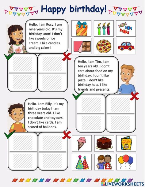 Birthday, like, don't like interactive worksheet for Elementary. You can do the exercises online or download the worksheet as pdf. Birthday Worksheet, Happy Birthday Free, English Grammar Exercises, Grammar For Kids, English Learning Books, English Activities For Kids, The Worksheet, Birthday Activities, English Worksheets For Kids