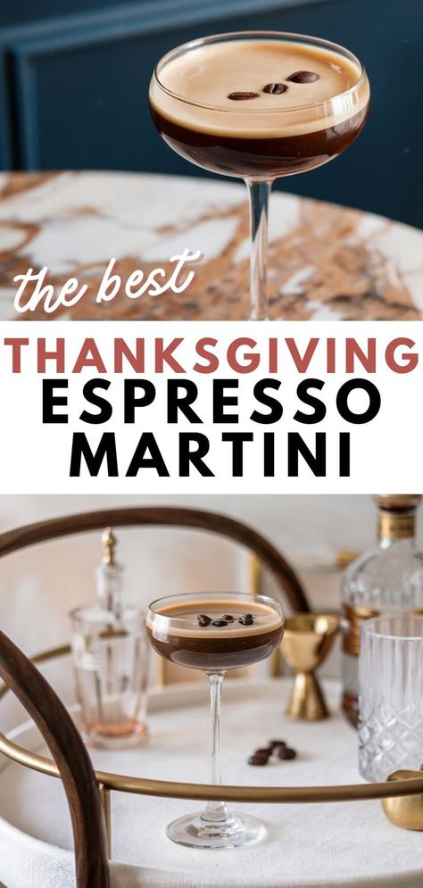 A Thanksgiving espresso martini with a rich, foamy top sitting elegantly on a bar cart, bringing a festive touch to holiday gatherings. Frothy Espresso Martini, Bourbon Mixed Drinks, Fall Cocktail Recipes, Cocktails To Make At Home, Thanksgiving Cocktail, Espresso Martini Recipe, Espresso Martinis, Fall Cocktails Recipes, Gin Cocktail Recipes