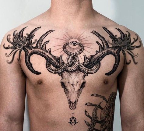 Deer Skull Chest Tattoo, Chest Tattoo Abstract, Skull Chest Tattoo, Deer Skull Tattoo, Deer Head Tattoo, Deer Skull Tattoos, Deer Tattoo Designs, Tattoo On Chest, Tato Minimal