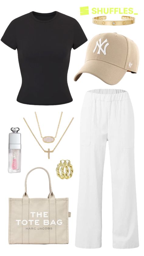 Outfits With Yankees Hat, Beige Hat Outfit, Yankees Cap Outfit, Cap Women Outfit, The Tote Bag Marc Jacobs, Hat Outfit Summer, Beige Fits, Dior Lip Oil, Baseball Hat Outfit