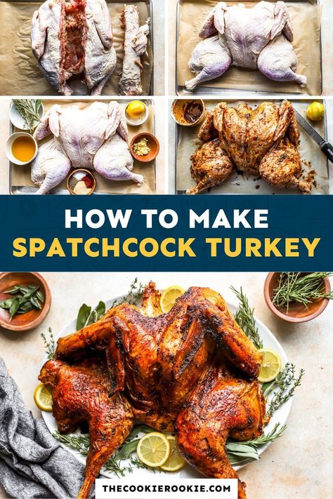 Achieve turkey perfection! This Roasted Spatchcock Turkey guarantees juicy, flavorful results with crispy skin. Learn the easy method and impress your guests! Perfect for fall gatherings like Thanksgiving. Cut Turkey Before Cooking, Spachocked Turkey Recipe, Thanksgiving Spatchcock Turkey Recipes, Turkey Crispy Skin, How Long To Cook Spatchcock Turkey, Spackcocked Turkey, Cut Up Turkey Recipes, Spatchcock Turkey Oven Roasted, How Long To Cook A Spatchcock Turkey In The Oven