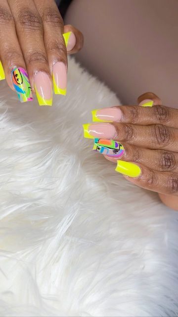 Neon French Tip Nails Oval, Neon Yellow French Tip Nails Almond, Lemon Juice Nails Color Designs, Lemon Yellow French Tip Nails, Summer Abstract Nails, French Manicure Designs Neon, Neon Yellow French Tip, Lemon Juice Nails, Vip Nails