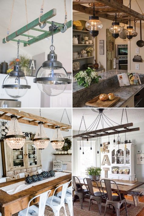 Ladder Lighting, Ladder Light Fixture, Ladder Chandelier, Farmhouse Dining Room Lighting, Dining Light Fixtures, Chandelier Diy, Farmhouse Style Lighting, Vintage Ladder, Rustic Ladder