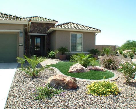 Elegant Cabin, Cabin Landscaping, Artificial Turf Landscaping, Arizona Backyard, Front Garden Landscape, Front Yard Design, Front Yard Landscaping Plans, Front Yards, Easy Landscaping