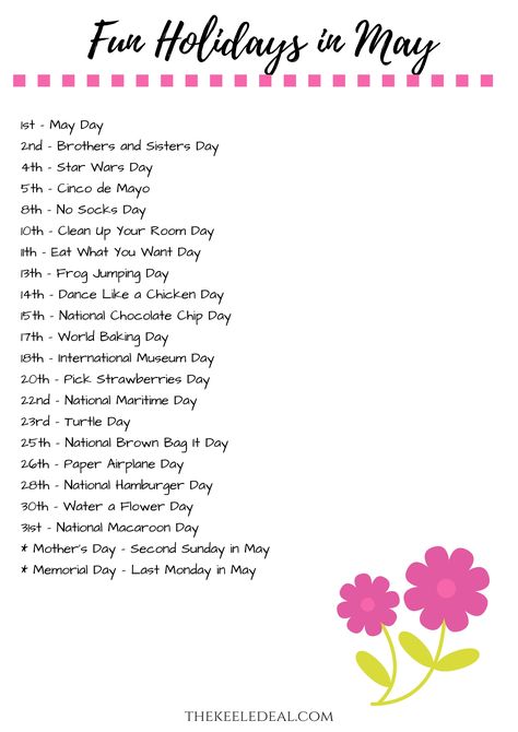 Fun Holidays to Celebrate in May #may #spring #kidsactivities May Ideas Month Of, May Holidays 2024, May Calendar Ideas, Fun Holidays To Celebrate, May Holidays, National Holiday Calendar, Monthly Ideas, Funny Holidays, Craft Activity For Kids