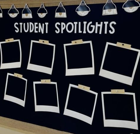 Students Corner Bulletin Board, Senior Spotlight Bulletin Board, Star Students Bulletin Board, Selfie Bulletin Board Ideas, Camera Bulletin Board Ideas, Bulletin Board With Student Pictures, Polaroid Bulletin Board Ideas, Polaroid Wall Classroom, School Banners Ideas