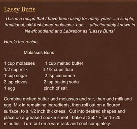 Image may contain: text Molasses Buns, Newfoundland Recipes, Breads And Pastries, Rock Recipes, Baker Man, Breads & Buns, Buns Recipe, Kitchen Party, Bread Biscuits