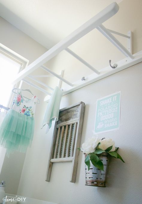 I’m always trying to figure out ways to make my laundry room more functional, and I’ve seen ladders hanging from the ceiling in laundry rooms so I decided to give it a whirl. My dad made the ladder and he came up with the idea to mount it on the wall with brackets to create...Read More … Laundry Room Drying Rack, Room Storage Diy, Basement Laundry Room, Dream Laundry Room, Basement Laundry, Farmhouse Laundry Room, Laundry Room Inspiration, Laundry Room Remodel, Laundry Decor