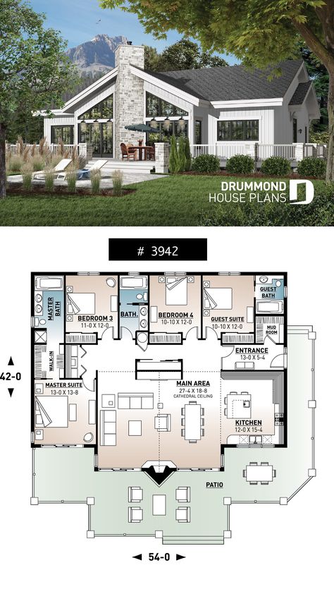 Lakefront house plan, cathedral ceiling, 4 bedrooms, 3 bathrooms, 2 master suites, large terrace Lakefront House Plans, Dröm Hus Planer, Journal Key, 4 Bedroom House Designs, Koti Diy, House Plans One Story, Best Tiny House, 4 Bedroom House Plans, Cabin House Plans