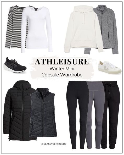 Workout Capsule Wardrobe, Mini Capsule Wardrobe, 10 Piece Wardrobe, Athleisure Outfits Winter, Athleisure Capsule Wardrobe, Capsule Wardrobe Accessories, Fall Winter Capsule Wardrobe, Athleisure Winter, Comfy Travel Outfit