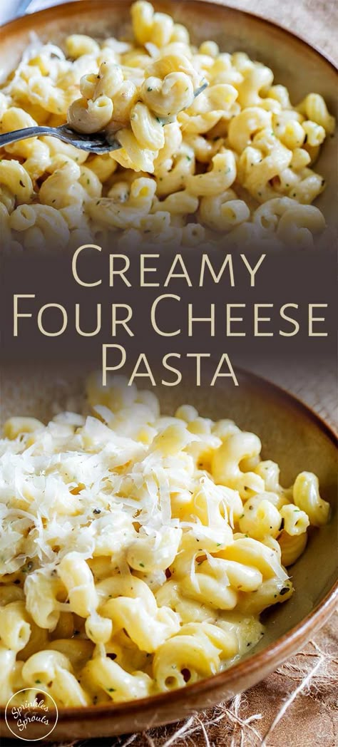 This Creamy Four Cheese Pasta recipe is so easy to make and will be a hit with the entire family! It is one of those dinners that is great on its own or as a side next to some grilled chicken, a juicy steak, or with some roasted mushrooms. Cheesy Pasta is one of the worlds greatest comfort foods and this four cheese version is ready in 15 minutes, as you make the simple sauce whilst the pasta cooks. So much better than boxed pasta. Pasta Dishes Cheesy, Simple Cheesy Pasta, Pasta Quatro Formaggi, Chicken And Cheese Pasta Recipes, 3 Cheese Pasta Recipes, Simple Cheese Pasta, Four Cheese Sauce, Creamy Cheesy Pasta Sauce, Pasta Recipes With Cheese