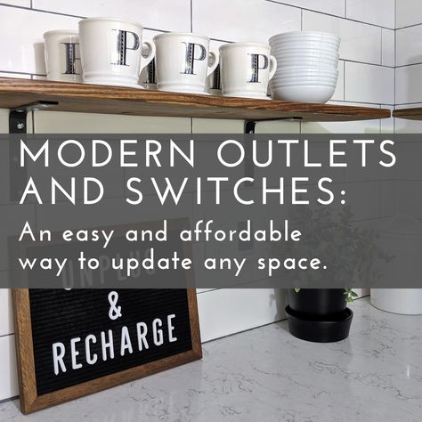 Light Switches In Kitchen, Black Outlets White Walls, Modern Outlets And Switches, Modern Electrical Outlets, Updated Light Switches, Updating Light Switches, Black Light Switches White Walls, Outlet Covers On Tile Backsplash, Black Outlets And Switches