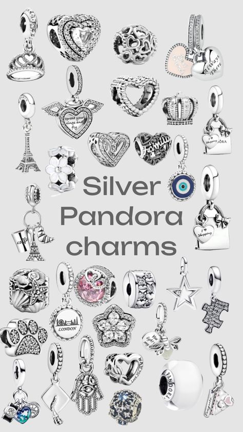 Silver Pandora charms Pandora Bracelet Charms Ideas, Silver Pandora Charms, Pandora Bracelet Designs, Pandora Bracelet Silver, Pandora Jewelry Charms, Pandora Bracelet Charms, Pandora Silver, Crystal Beads Bracelet, Jewelry Essentials