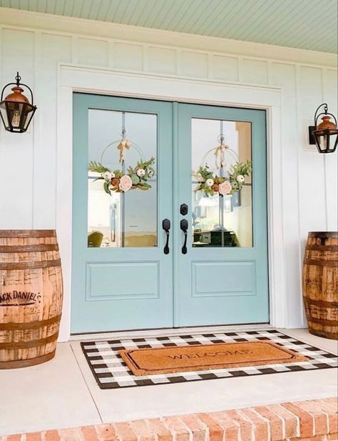 Sea Foam Front Door, Tiffany Blue Doors Front Entrance, Beach House Front Door Entrance, Bright Front Door Colors White House, Light Teal Front Door, Aqua Front Door Paint Color, Front Door Colors With White House Modern Farmhouse, Pastel Front Door, Fun Door Colors