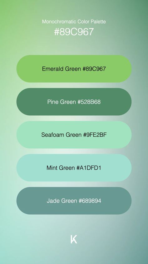 Monochromatic Color Palette Emerald Green #89C967 · Pine Green #528B68 · Seafoam Green #9FE2BF · Mint Green #A1DFD1 · Jade Green #689894 Jade Green Color Palette, Color Palette Emerald Green, Morning Forest, Jade Green Color, Monochromatic Color Palette, Hex Color Palette, Forest Color, Green Color Schemes, Misty Morning