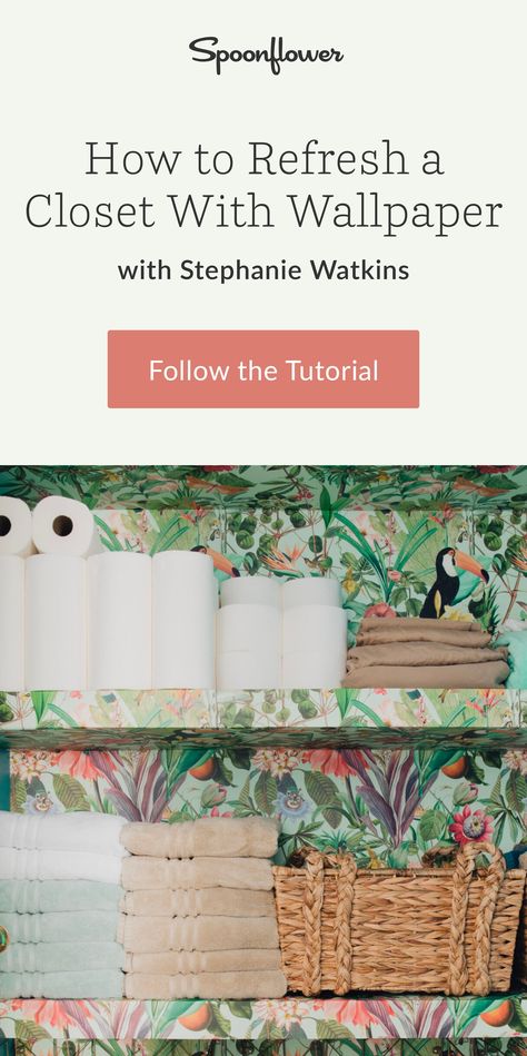 How can an ordinary closet get a quick makeover? Cover it with wallpaper, of course! Join Spoonflower Ambassador Stephanie Watkins to learn how she transformed her linen closet into a storage paradise with Spoonflower’s new Peel and Stick wallpaper in a fun tropical design. #makeover #diy #homedecor #wallpaper #closet Walk In Closet Peel And Stick Wallpaper, Wallpaper Linen Closet, Linen Closet Wallpaper Ideas, Wallpaper Inside Linen Closet, Wall Paper For Closet Doors, Wallpaper Closet, Closet Wallpaper, Closet Transformation, Seamless Wallpaper