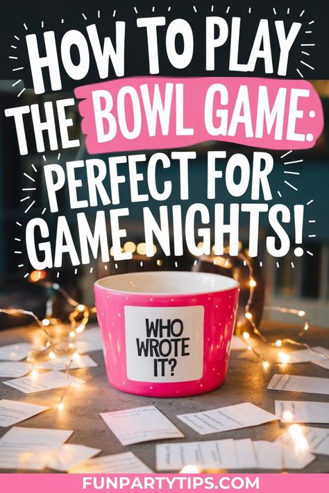 Bring the laughs to your next game night with the Bowl Game! This fun party game is perfect for birthday parties, game nights, or family fun nights. All you need are bowls, paper slips, and a sense of humor. Ready to guess who wrote those crazy ideas? Click to learn more! Game Night Cupcake Ideas, Game Night Bday Party, Game Night For Families, Board Game Tournament Ideas, Creative Game Night Ideas, Game Night Prizes Ideas, House Party Games Ideas, Game Night Ideas For Adults Friends, Game Night Birthday Party Ideas